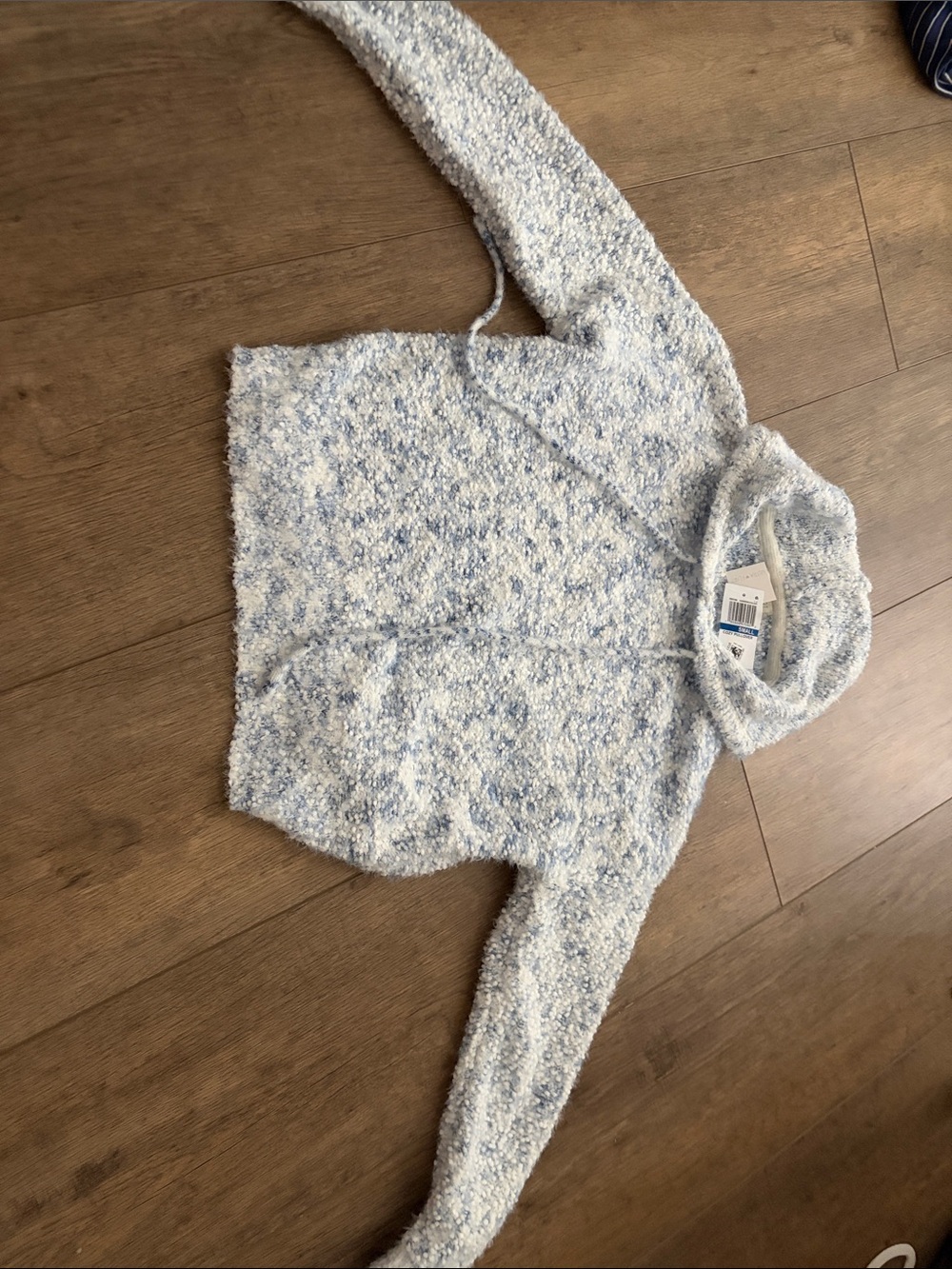Ultra Flirt fuzzy/chenille-style cropped cardigan in a light blue/white color